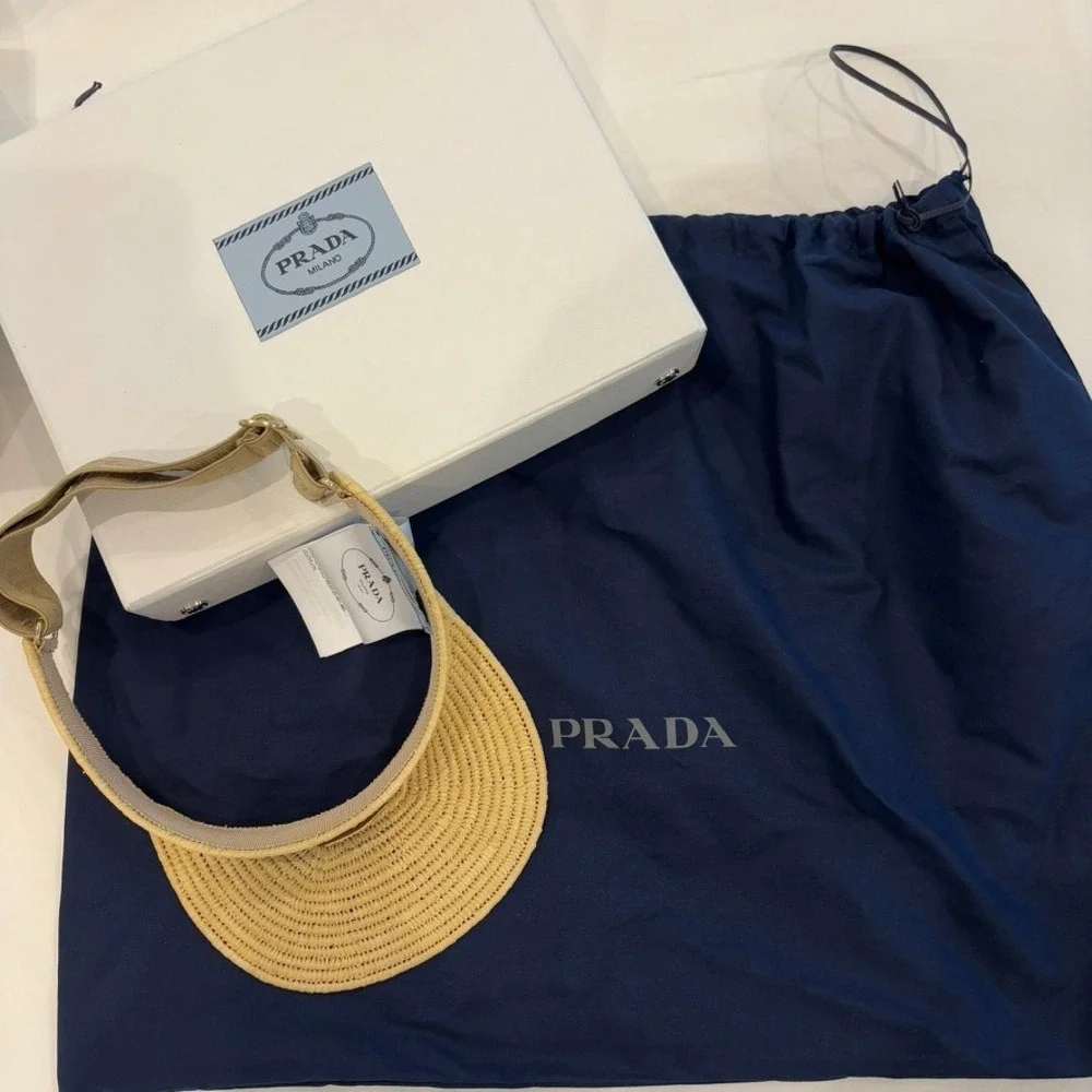 Prada Natural Straw Visor with Gold Triangle Logo